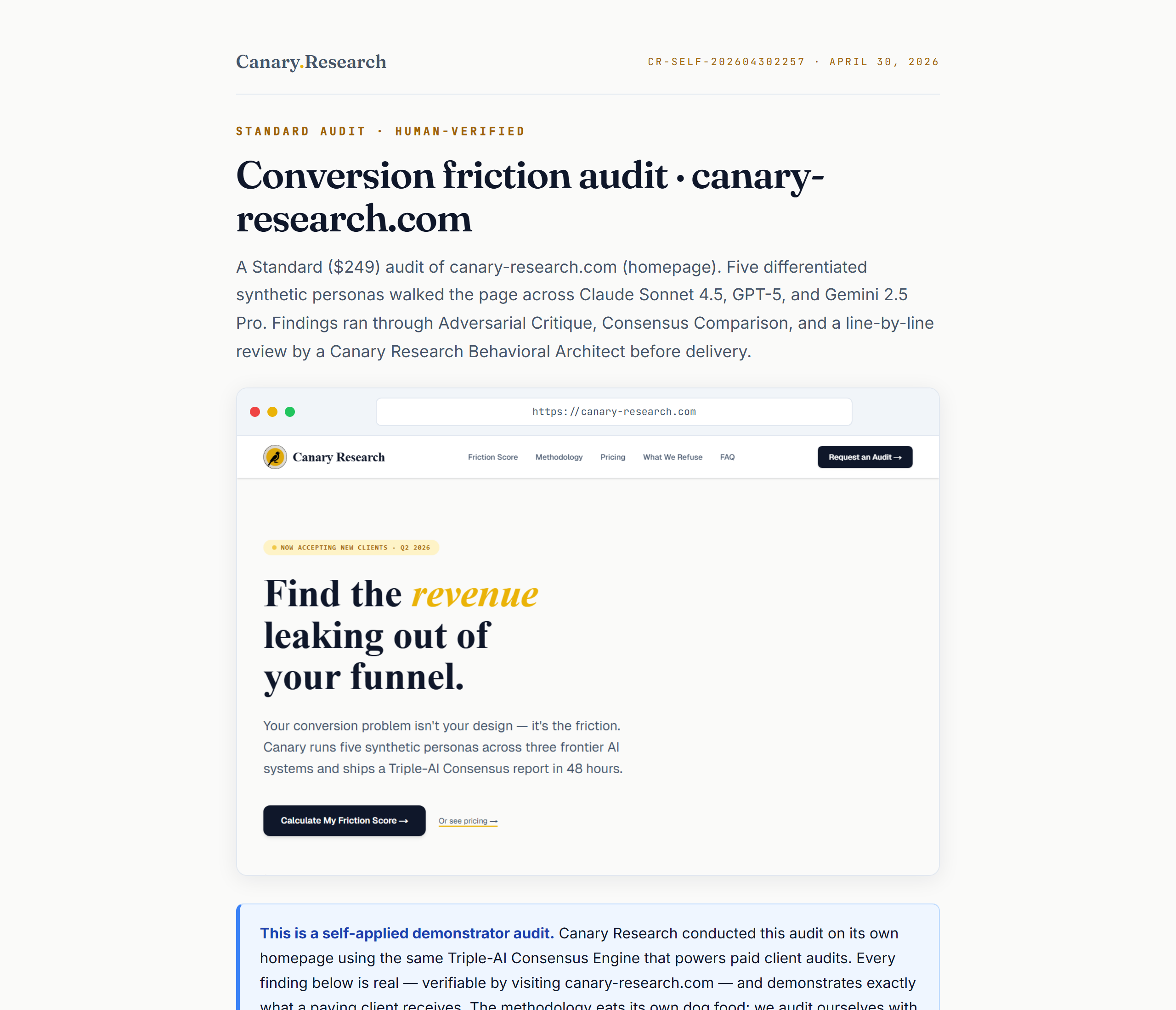 Sample Standard Audit · canary-research.com self-audit